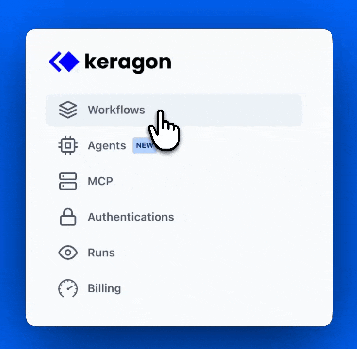 Keragon sidebar with the Agents item highlighted.