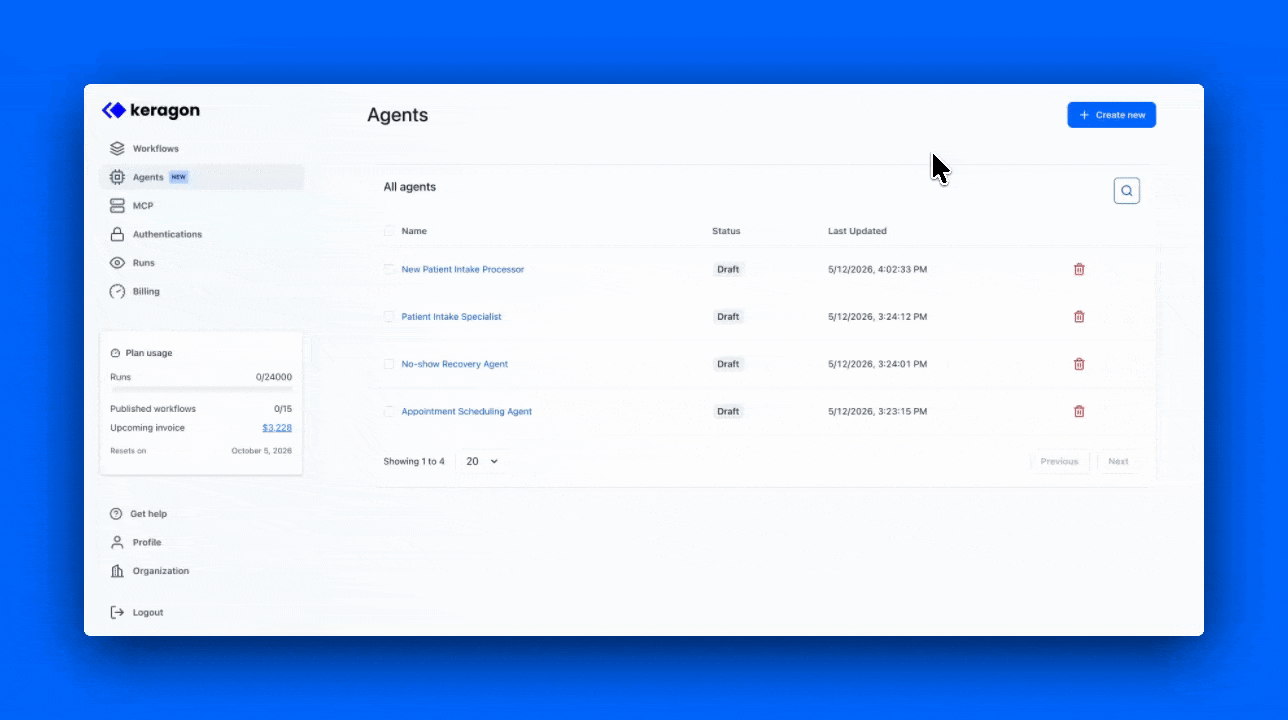The Create new dialog with the agent-name field visible.