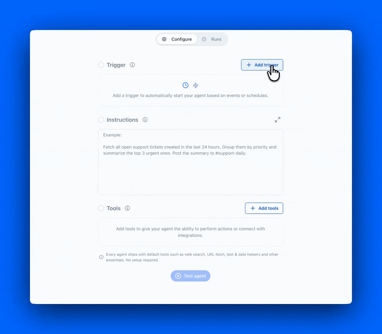 Configure trigger modal — Schedule and Event options side by side.