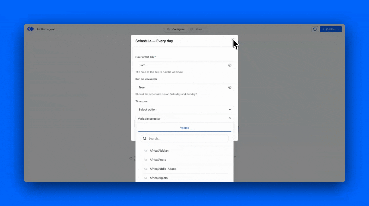 Schedule trigger configuration panel.