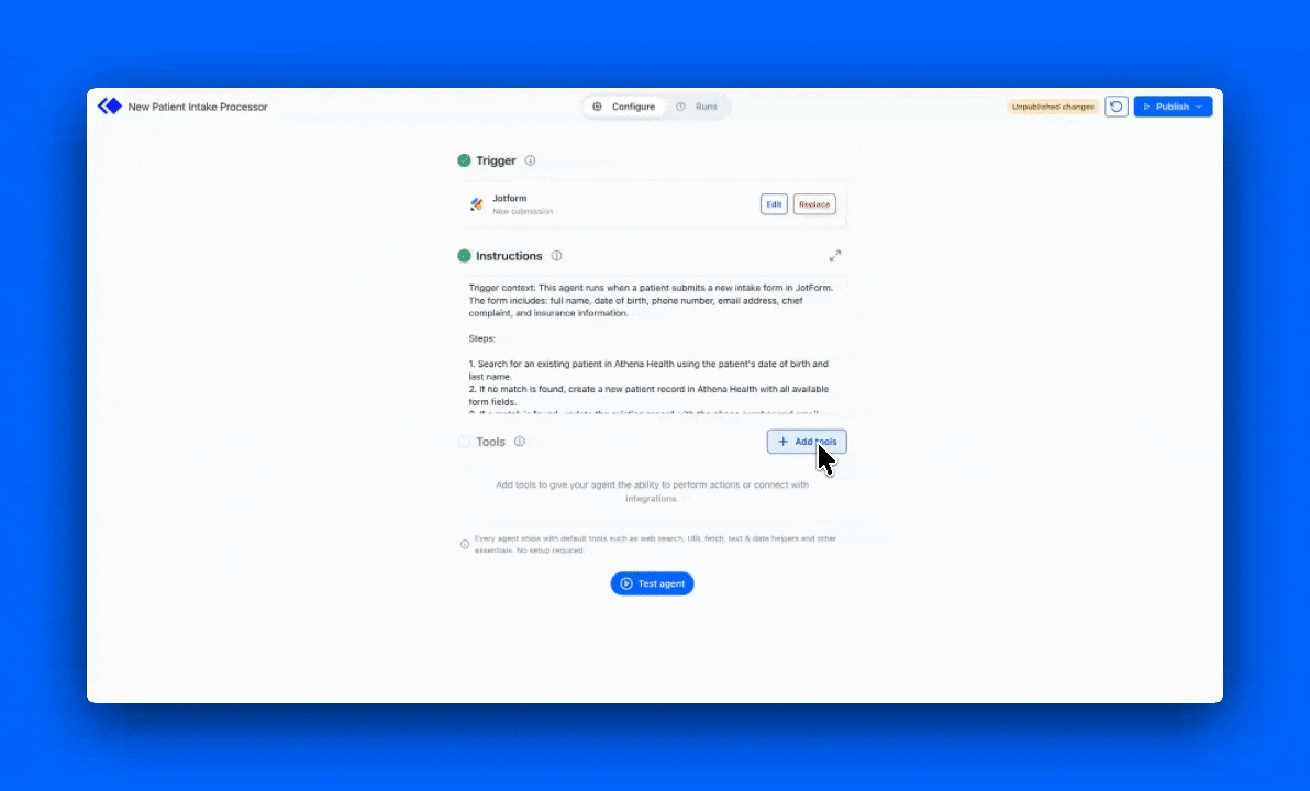 Connecting an app account and selecting tools in the Tools section of the agent builder.