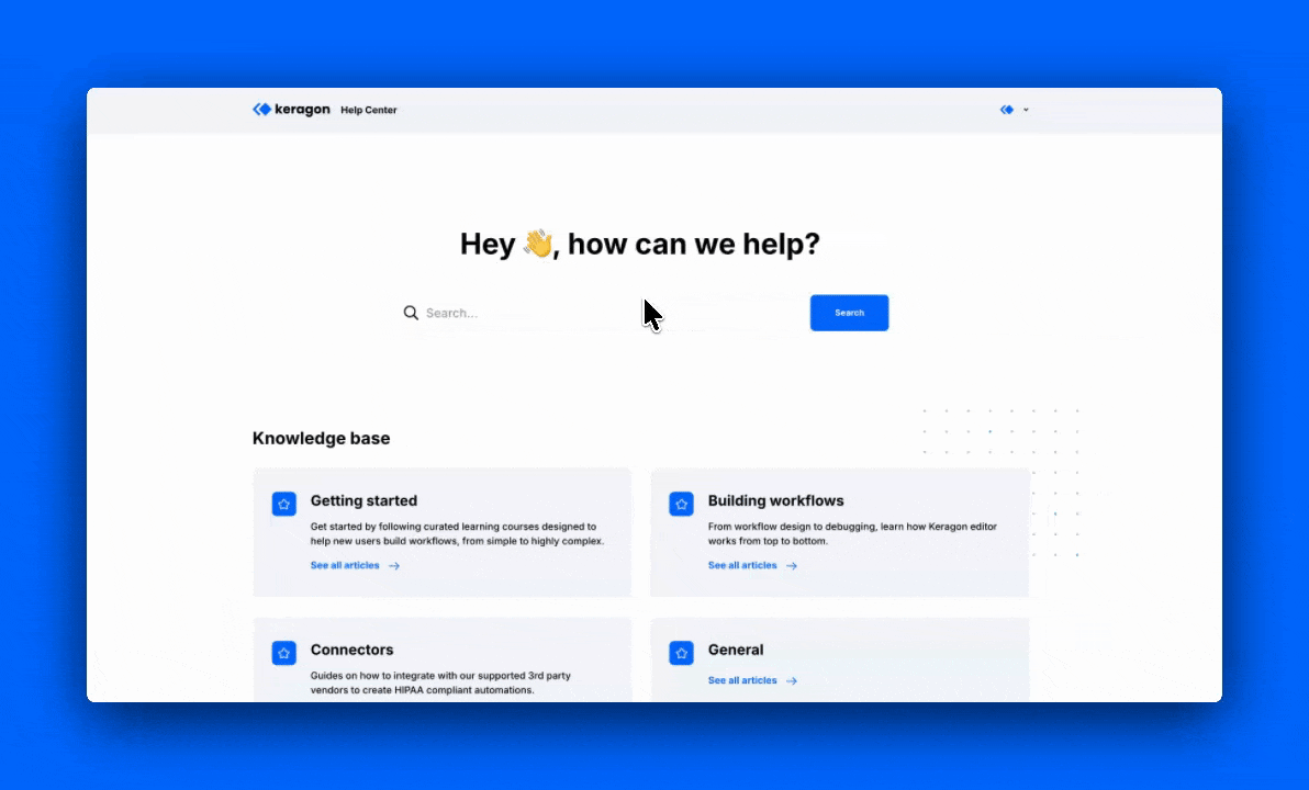 Keragon help-center search — an app name being typed and the matching credential guide surfacing in the results dropdown.