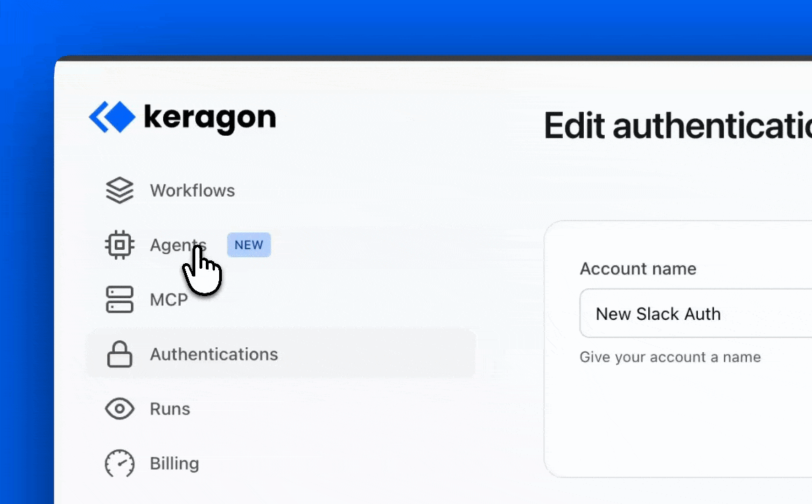Reconnecting an app from the Authentications tab — cursor opens Authentications in the left panel, selects the app, clicks Reconnect, approves in the app's own auth dialog (Slack used as an example), and returns to the Authentications list.