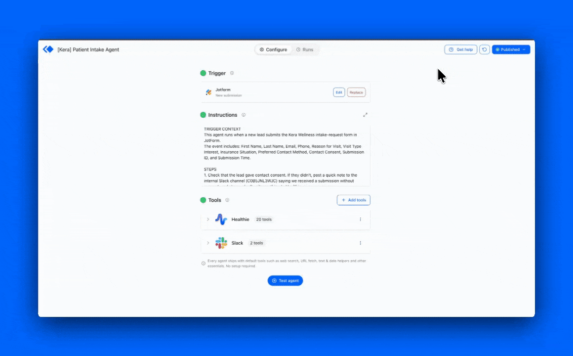 Get help submit flow — opening the modal from the agent editor, typing a short troubleshooting report about a Healthie 401 error, dragging in a screen recording, and clicking Submit.