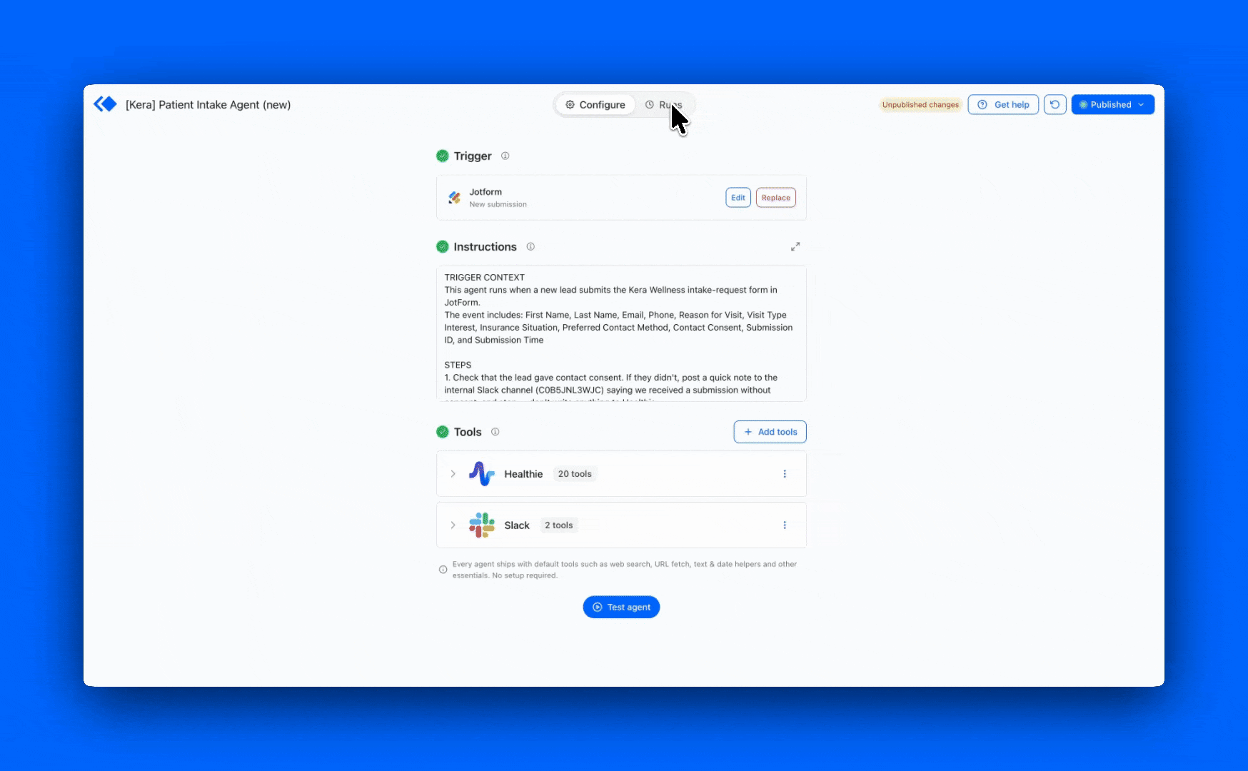 Walkthrough of the Runs view: opening the Runs panel for an agent, clicking into a single run, and opening that run's step-by-step detail.